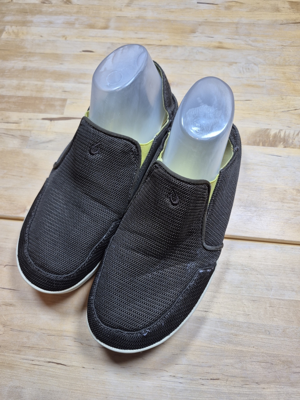 OluKai Men’s Slip-On Mesh Loafers in Dark Brown with Lime Accent